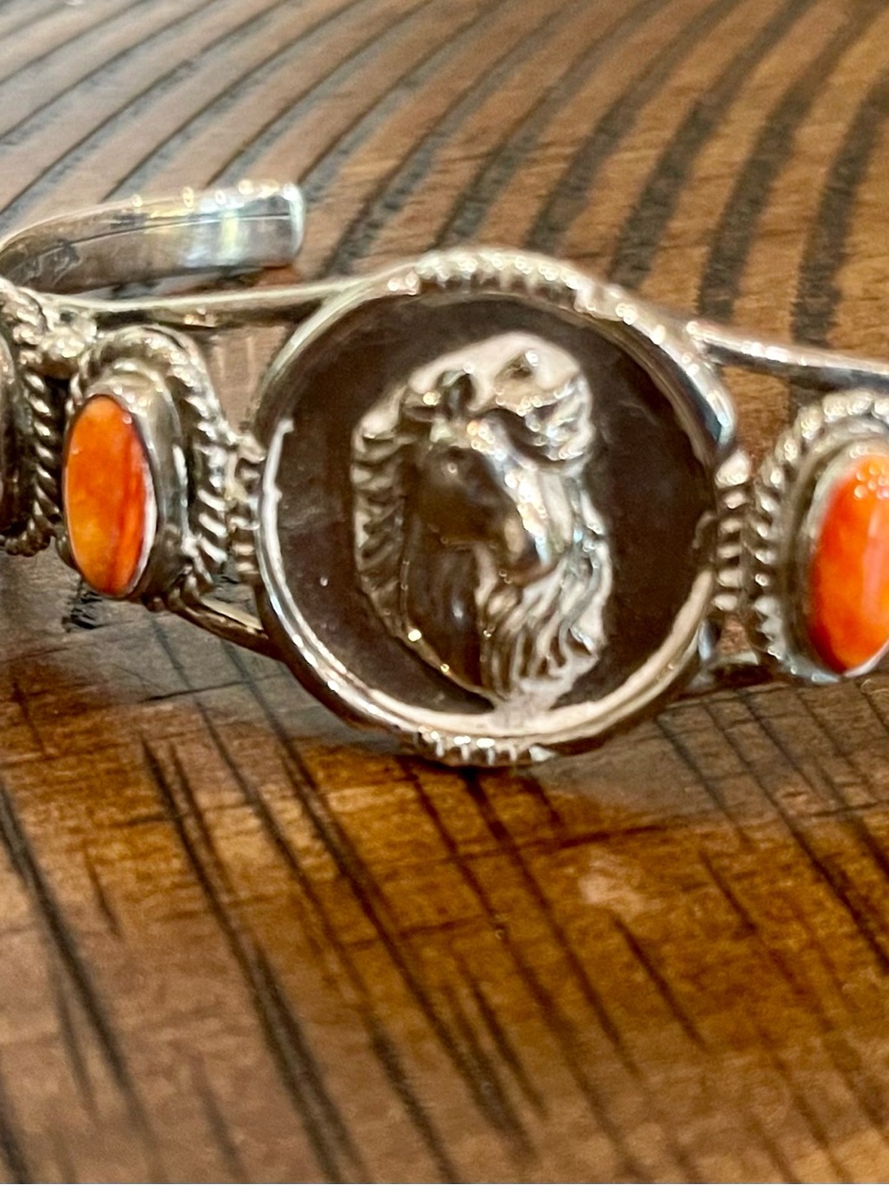 Sterling Silver Horse Motif Cuff Bracelet with Spiney Oyster Stones.